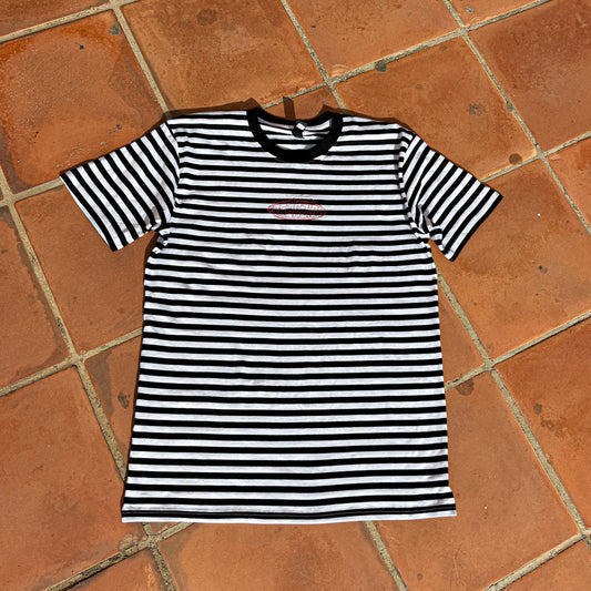 Incurzion Stripe | Red Embroidery |  White & Black T Shirt