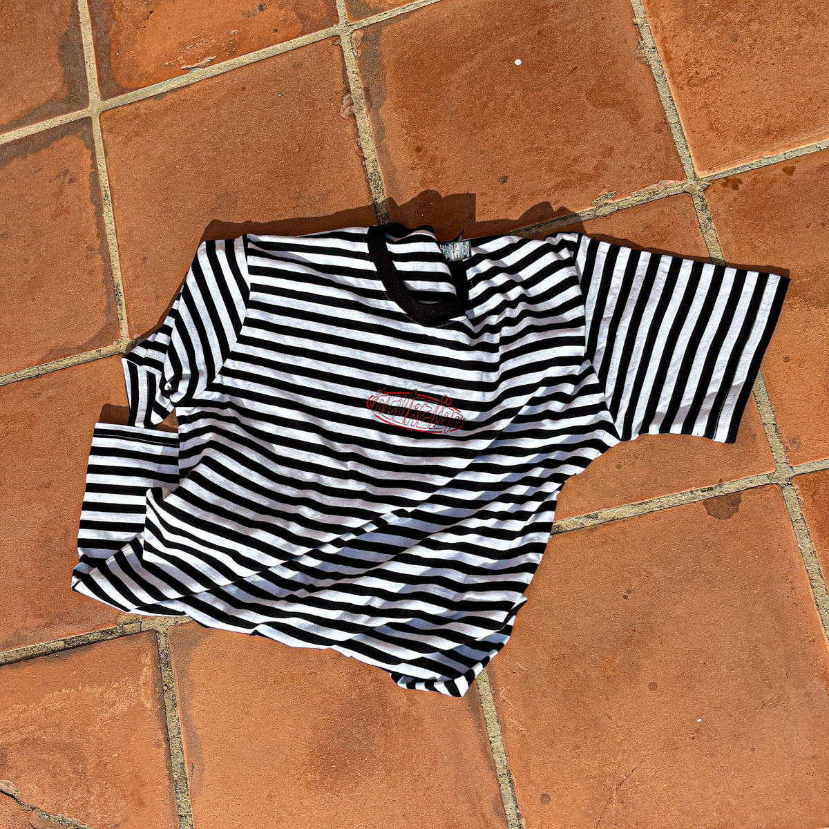 Incurzion Stripe | Red Embroidery |  White & Black T Shirt
