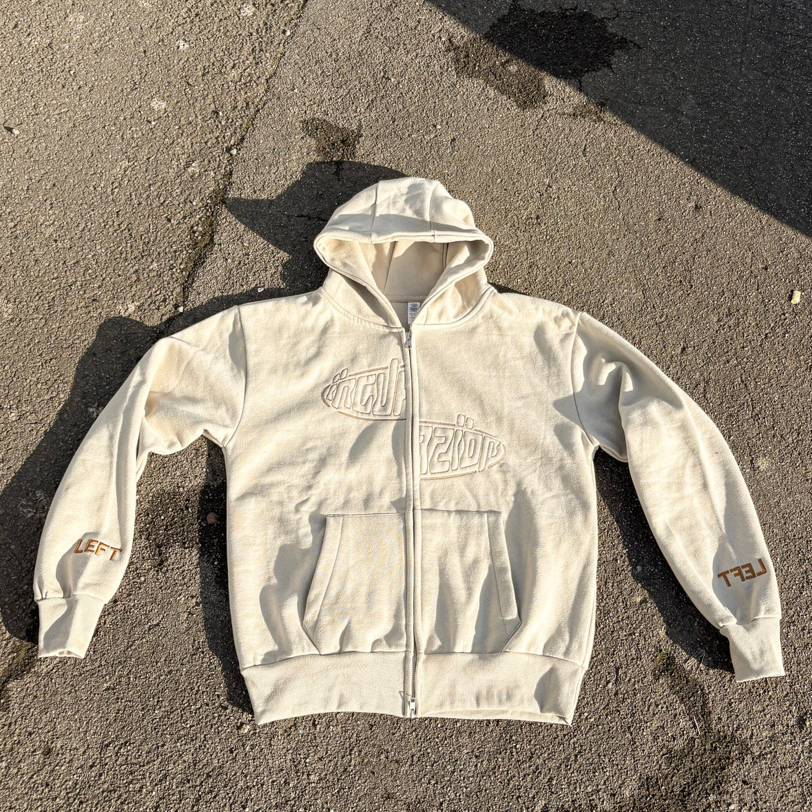 Incurzion | Relaxed Double Zip Hoodie | Stone | Brown Embroidered