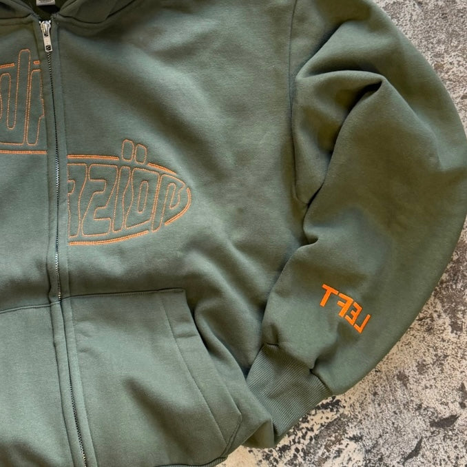 Incurzion | Relaxed Double Zip Hoodie | Green | Orange Embroidered