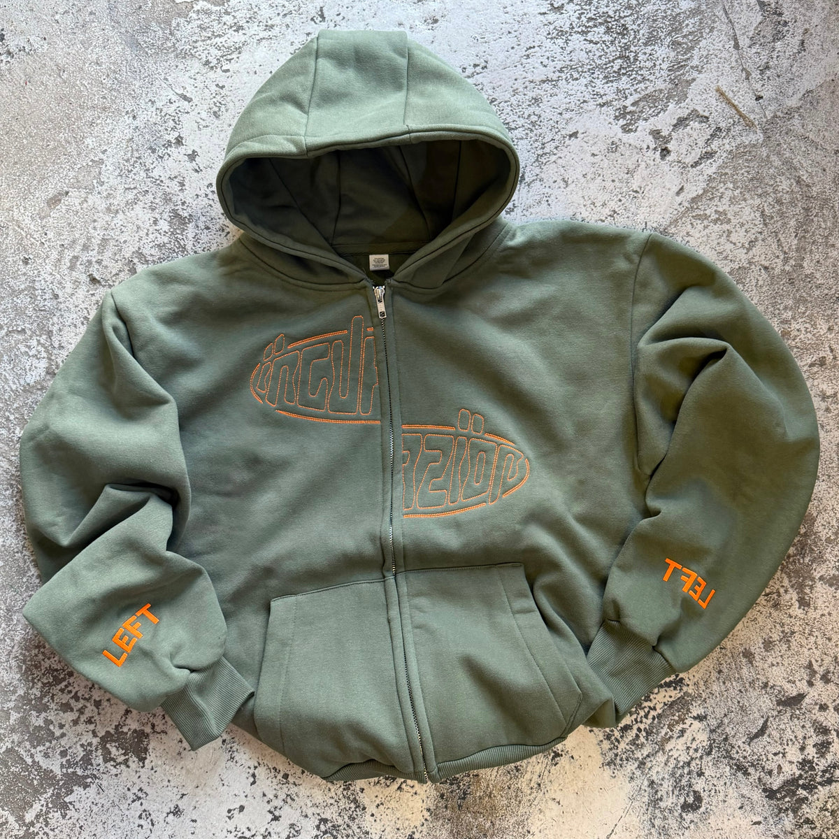 Incurzion | Relaxed Double Zip Hoodie | Green | Orange Embroidered