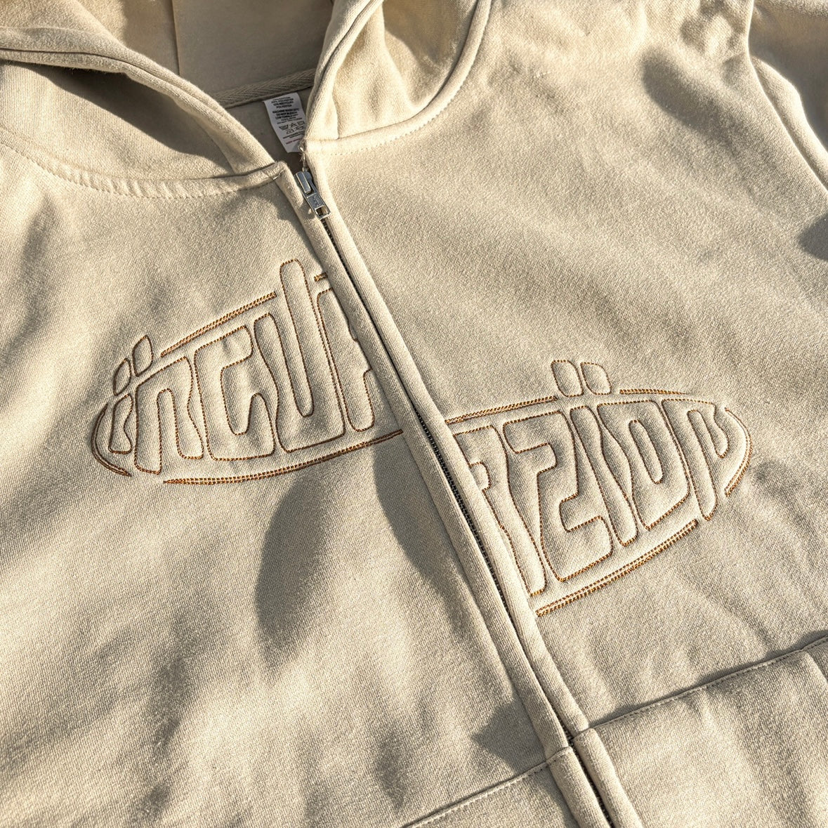 Incurzion | Relaxed Double Zip Hoodie | Stone | Brown Embroidered