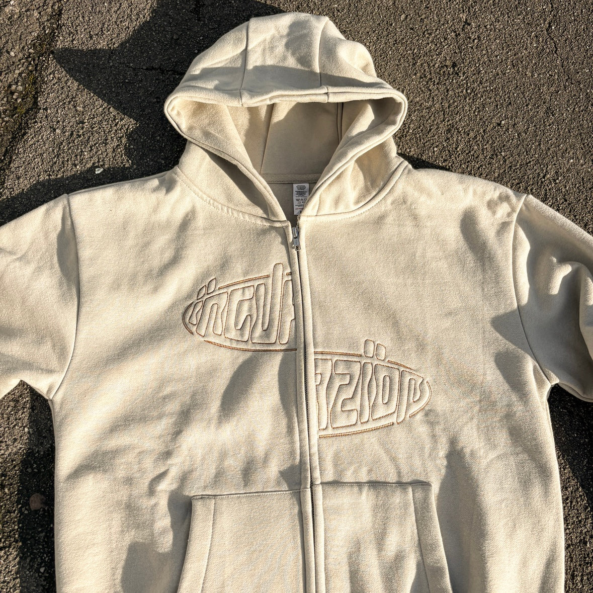 Incurzion | Relaxed Double Zip Hoodie | Stone | Brown Embroidered