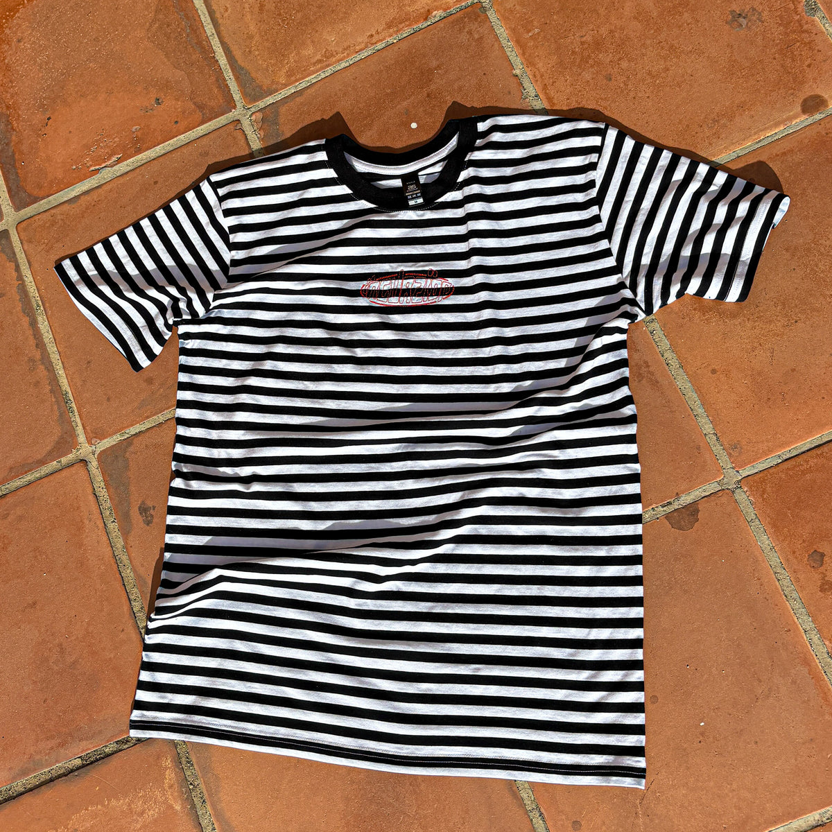 Incurzion Stripe | Red Embroidery |  White & Black T Shirt