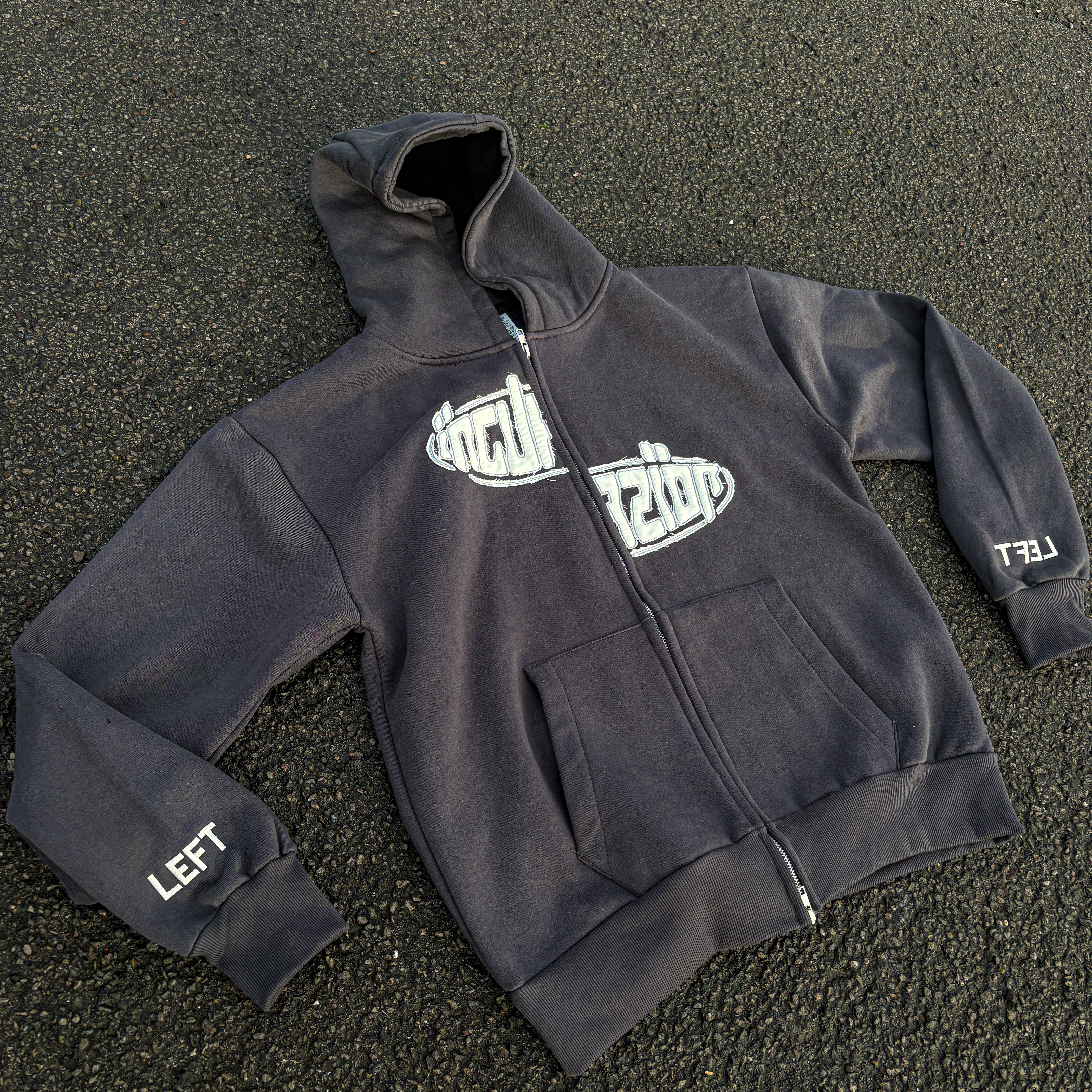 【新品】DOUBLE ZIP HOODIE CHARCOAL GRAY(M) Incurzion | Relaxed Double Zip Hoodie | Charcoal | Embroidered