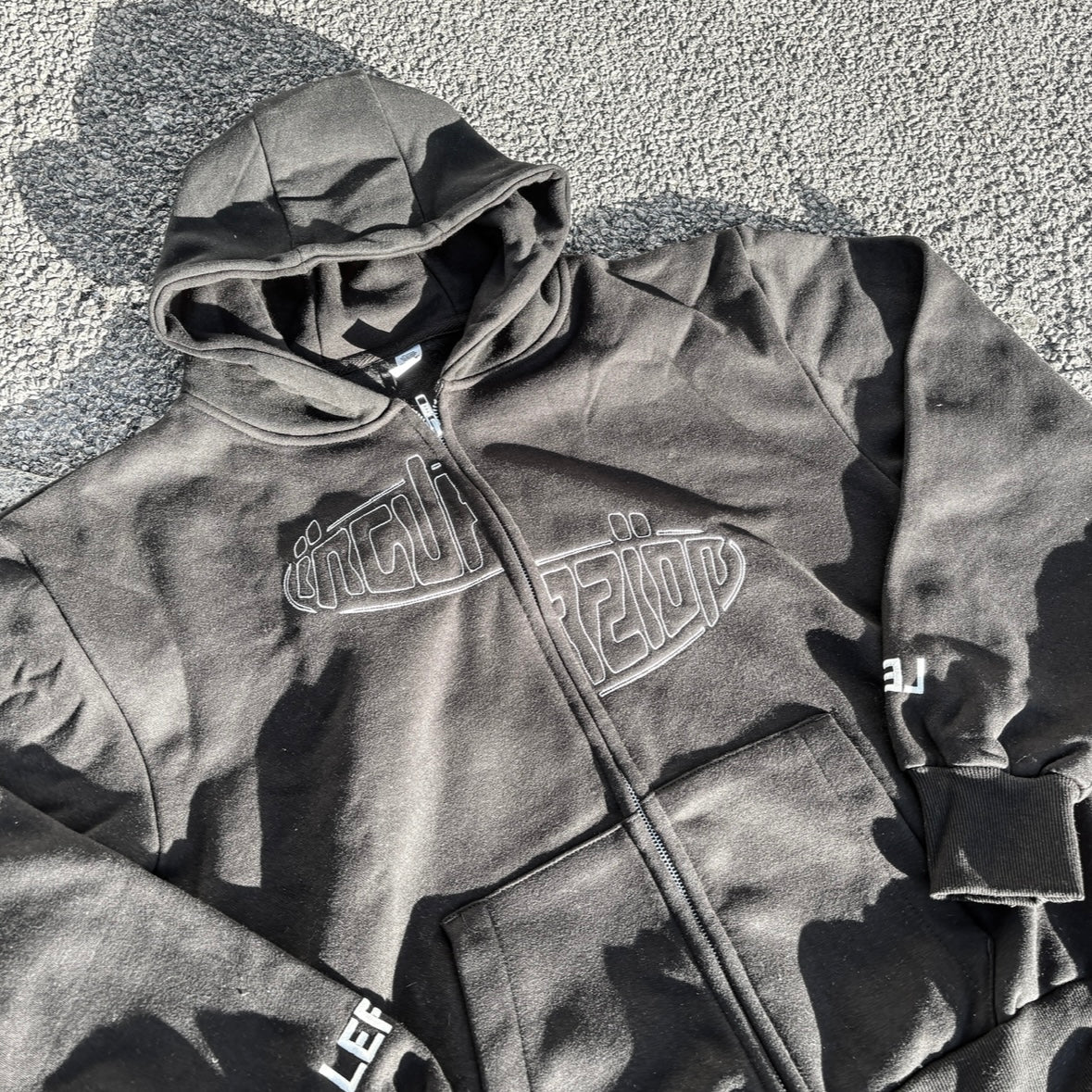 Incurzion | Relaxed Double Zip Hoodie | Black | White Embroidered