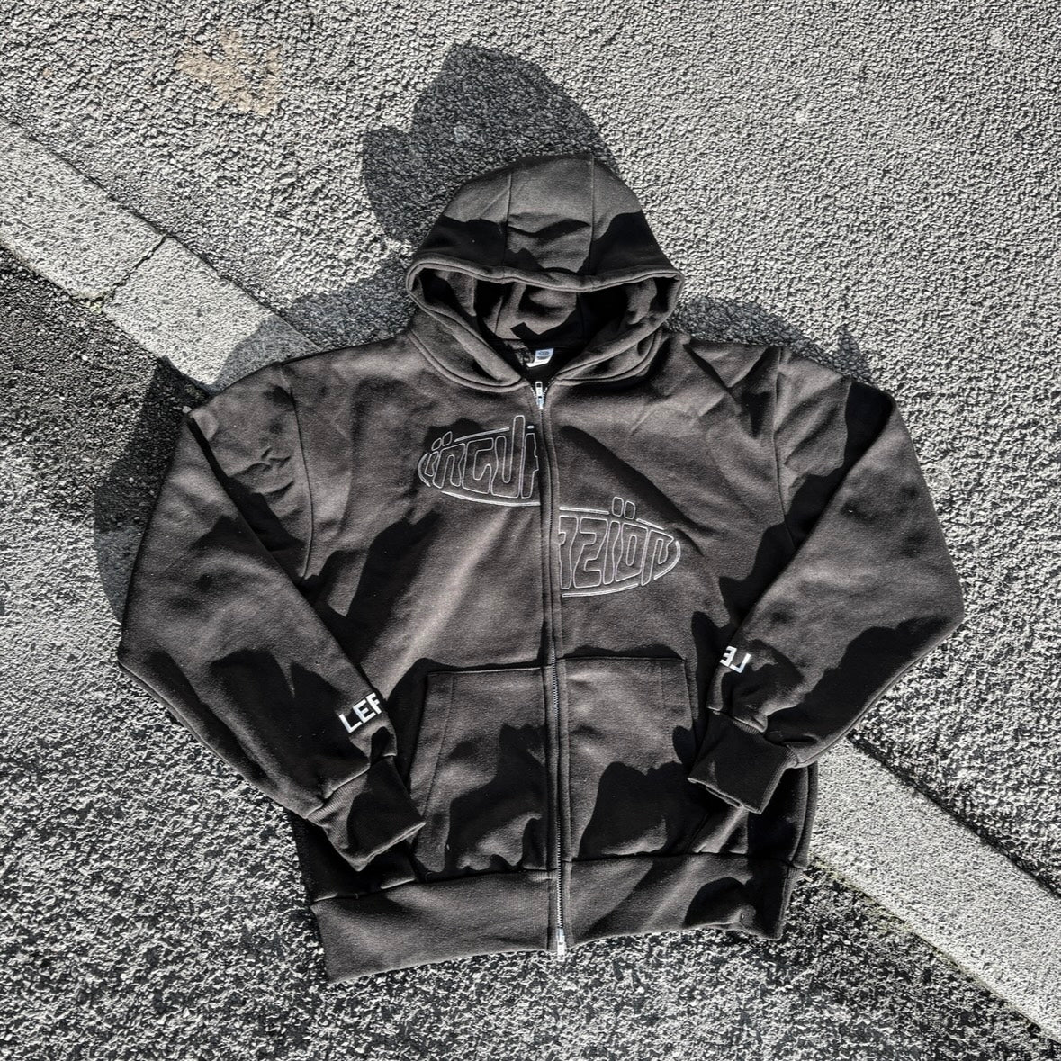 Incurzion | Relaxed Double Zip Hoodie | Black | White Embroidered